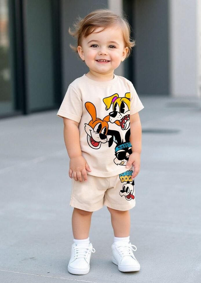 2pcs kids boy casual cartoon animal print round neck short sleeve t shirt and shorts set, suitable for summer