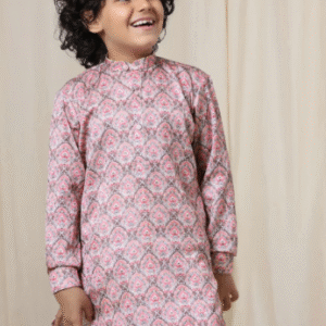 kalki coral cloud pink silk kurta set with threadwork for boys
