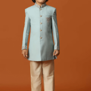 blue sherwani set in suiting fabric with threadwork for boys