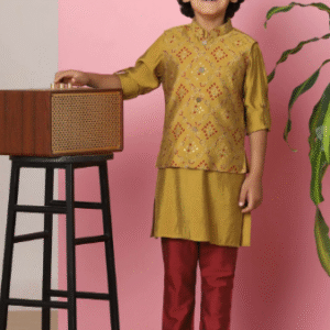 ocher yellow bandi jacket and kurta set with bandhani foil print