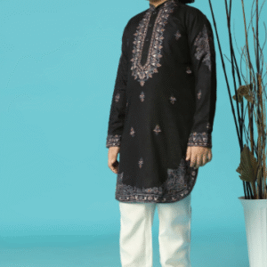 black linen kurta pant set with resham work for boys
