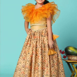 carrot orange top and lehenga set in cotton silk for girls