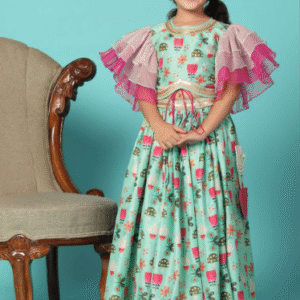 sea green top and lehenga set in cotton silk for girls
